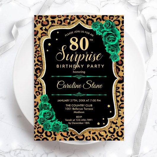 Invitation Leopard Black Gold Green Surprise 80e anniversaire