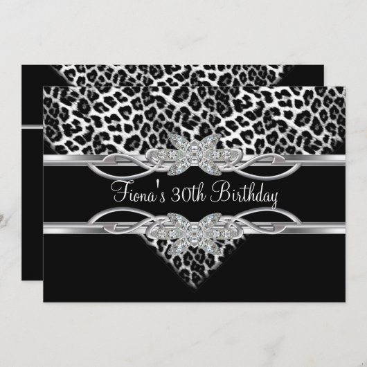 Invitation Léopard blanc noir 30e bijou diamant (Devant / Derrière)