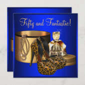 Invitation Leopard Bleu de talons hauts femmes 50e anniversai (Devant / Derrière)