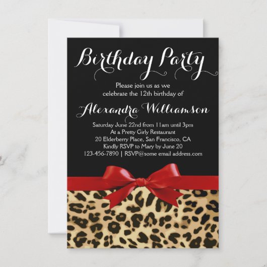Invitation Leopard Bright Red Bow Girl's Birthday Party (Devant)