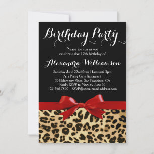 Invitation Leopard Bright Red Bow Girl's Birthday Party