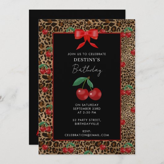 Invitation Leopard Cheetah Animal Print Red Cherry Birthday (Devant / Derrière)