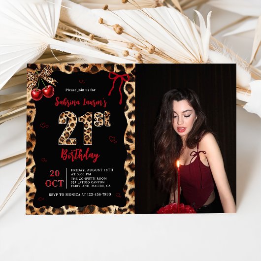 Invitation Leopard Cheetah Cherry 21st Birthday Photo