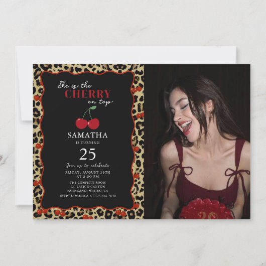 Invitation Leopard Cheetah Cherry On Top Birthday Photo (Devant)