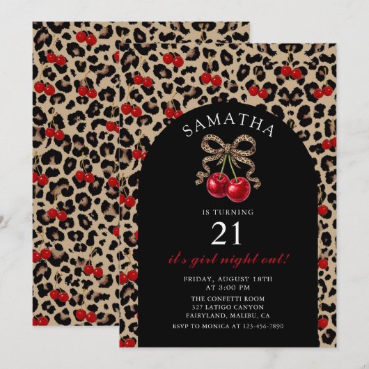 Invitation Leopard Cheetah Coquette Cherry Birthday (Devant / Derrière)