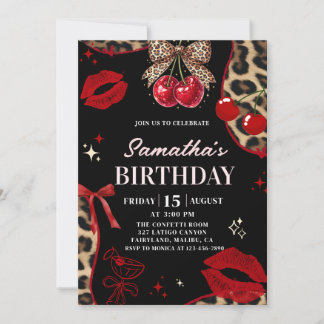 Invitation Leopard Cheetah Coquette Cherry Birthday