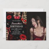 Invitation Leopard Cheetah Coquette Cherry Birthday Photo (Devant)
