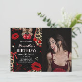 Invitation Leopard Cheetah Coquette Cherry Birthday Photo (Debout devant)