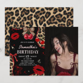 Invitation Leopard Cheetah Coquette Cherry Birthday Photo (Devant / Derrière)