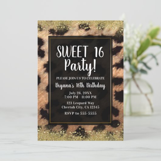 Invitation Leopard Cheetah Imprimer Parties scintillant or fê (Debout devant)