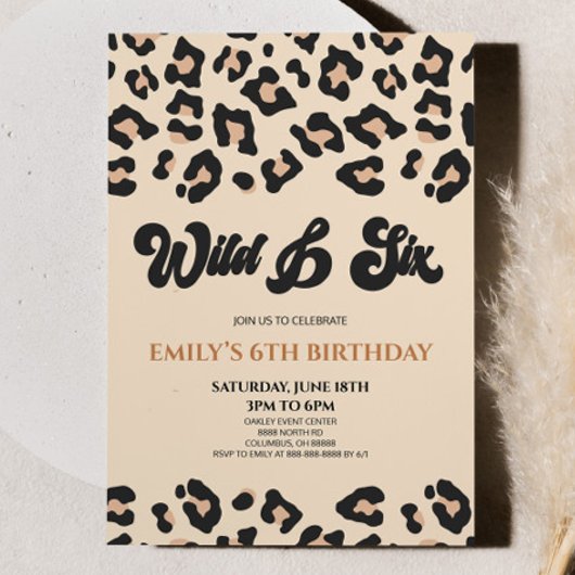 Invitation Leopard Cheetah Wild & Six 6e fête d'anniversaire