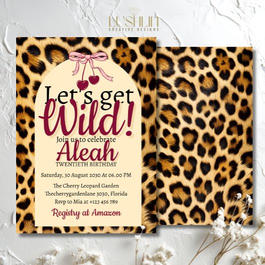 Invitation Leopard Cherry Pink Bow Birthday Cute & Glam