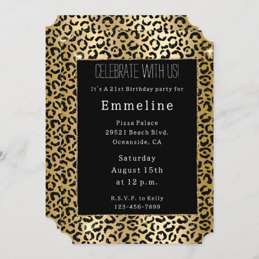 Invitation Léopard de Parties scintillant jaune noir (Devant / Derrière)