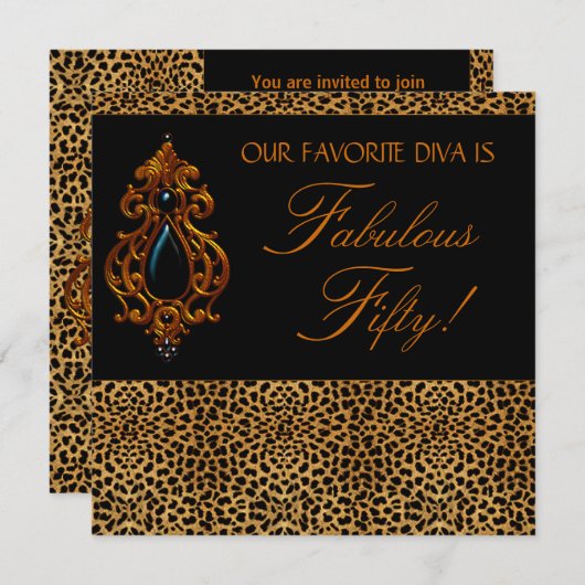 Invitation Léopard Diva Fabuleuse fête d'anniversaire 50 femm (Devant / Derrière)
