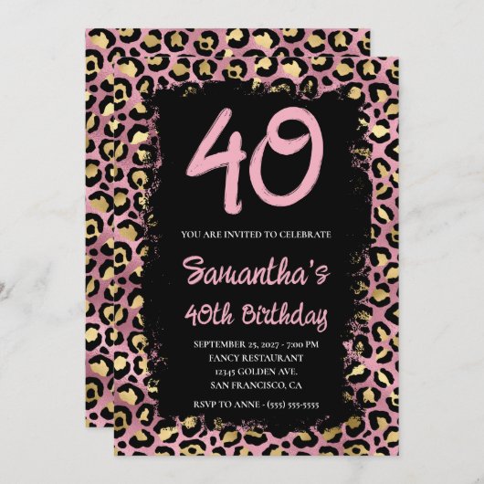 Invitation Leopard d'or et rose peint noir 40e anniversaire (Devant / Derrière)