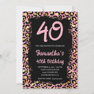 Invitation Leopard d'or et rose peint noir 40e anniversaire