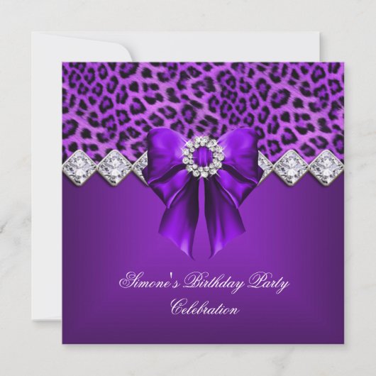 Invitation Léopard Élégant Nœud Violet Diamants (Devant)