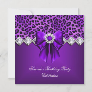 Invitation Léopard Élégant Nœud Violet Diamants