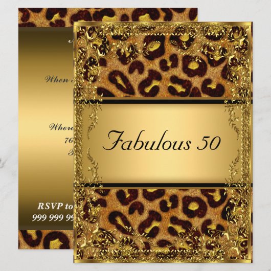 Invitation Léopard et Or Fabuleux à une fête d'anniversaire d (Devant / Derrière)