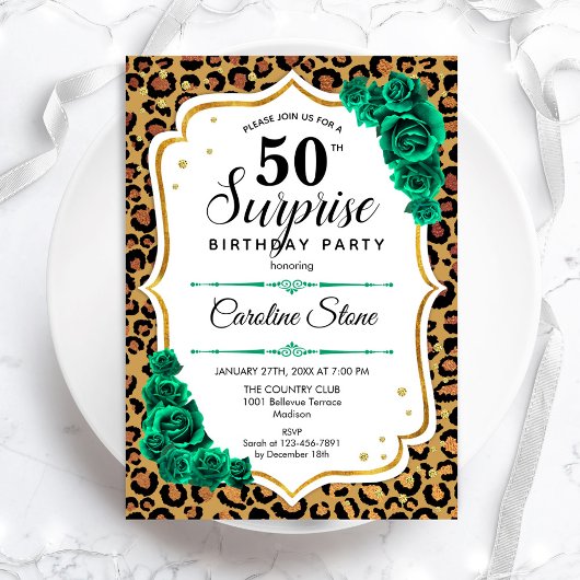 Invitation Leopard Gold White Green Surprise 50e anniversaire