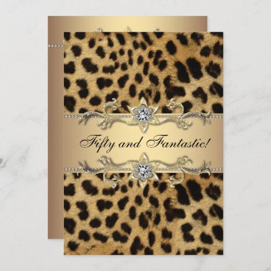 Invitation Leopard Gold Womans 50e fête d'anniversaire (Devant / Derrière)