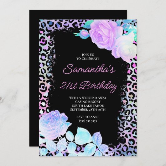 Invitation Léopard Iridescendant peint noir 21e anniversaire (Devant / Derrière)