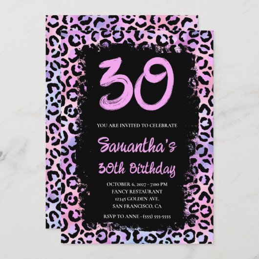 Invitation Léopard Iridescente rose et noir 30e anniversaire (Devant / Derrière)