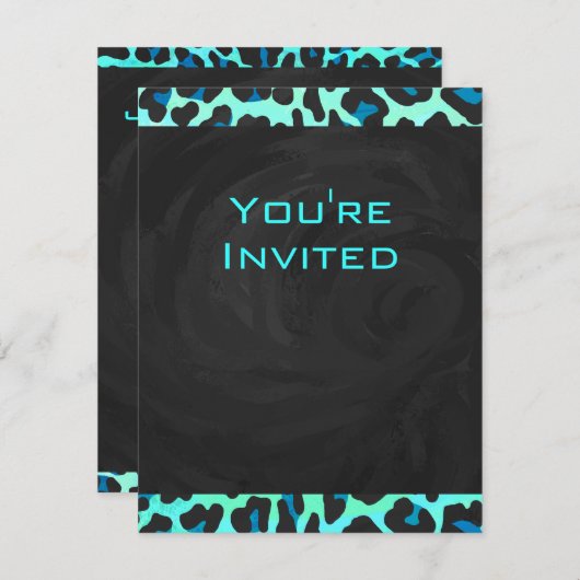 Invitation Léopard noir et Turquoise (Devant / Derrière)