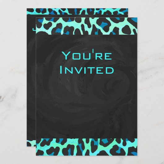 Invitation Léopard noir et Turquoise (Devant / Derrière)