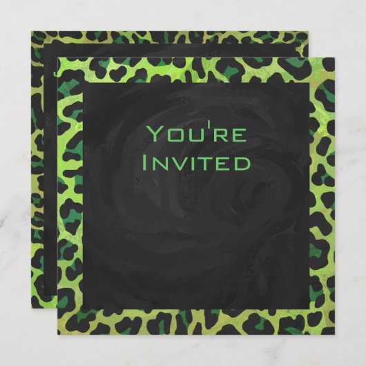 Invitation Léopard noir et vert avec Monogramme (Devant / Derrière)