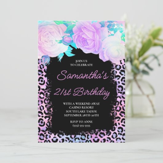 Invitation Léopard noir rose 21e anniversaire (Debout devant)
