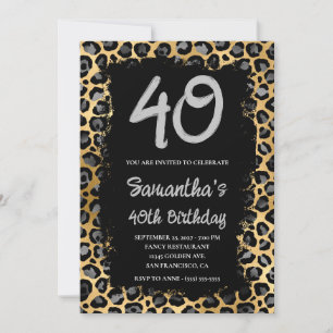 Invitation Léopard Or Gris Peint en Noir 40e Anniversaire