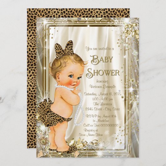 Invitation Leopard Pearl Glam Girly Baby shower (Devant / Derrière)