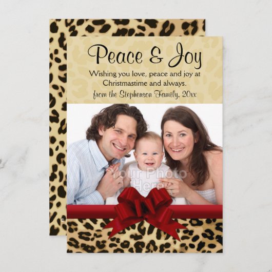 Invitation Leopard Red Bow Noël Photo Grey (Devant / Derrière)