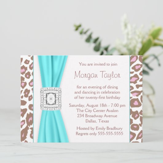 Invitation Léopard rose Brown Turquoise 21e anniversaire (Debout devant)