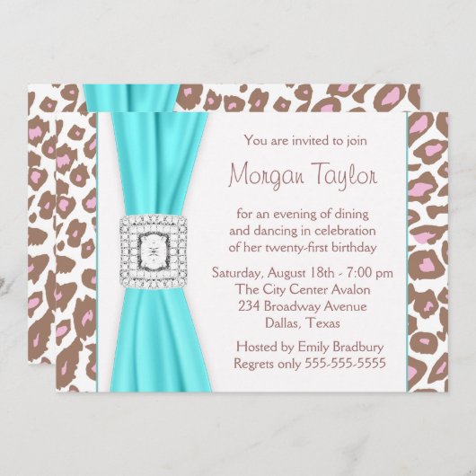 Invitation Léopard rose Brown Turquoise 21e anniversaire (Devant / Derrière)