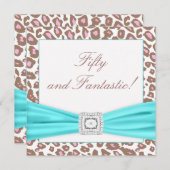 Invitation Léopard rose Brown Turquoise femmes 50ème annivers (Devant / Derrière)