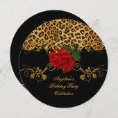 Invitation Leopard Rose Red Black Gold Anniversaire Party 2 (Devant / Derrière)