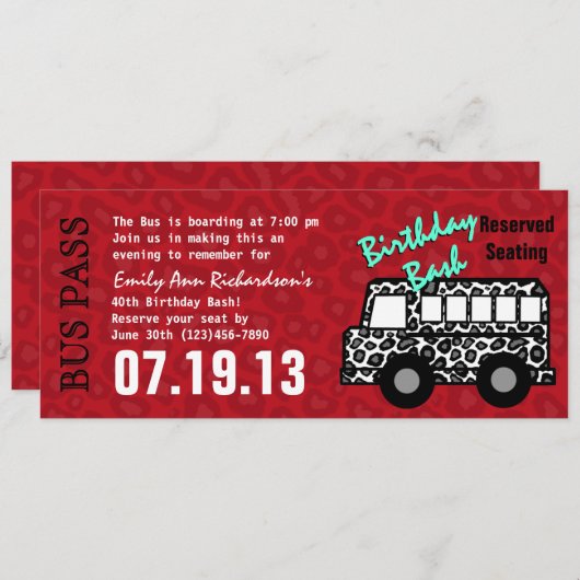 Invitation Leopard Spots Bus Pass Anniversaire (Devant / Derrière)