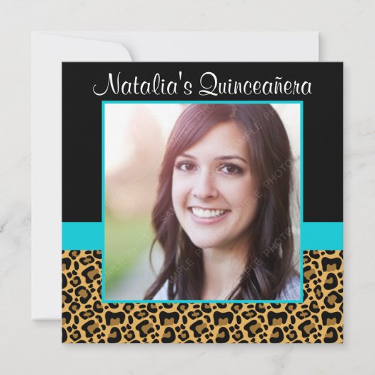 Invitation Leopard Turquoise Blue Photo Quinceanera Invitatio (Devant)