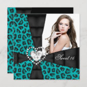 Invitation Leopard Turquoise Blue Sweet 16 Seize Anniversaire (Devant / Derrière)