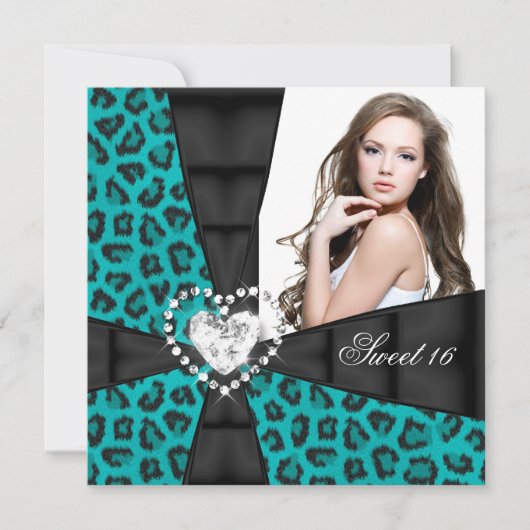 Invitation Leopard Turquoise Blue Sweet 16 Seize Anniversaire (Devant)