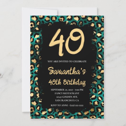 Invitation Leopard Turquoise or peint noir 40e anniversaire (Devant)