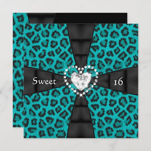 Invitation Leopard Turquoise Sweet 16 Seize Anniversaire (Devant / Derrière)