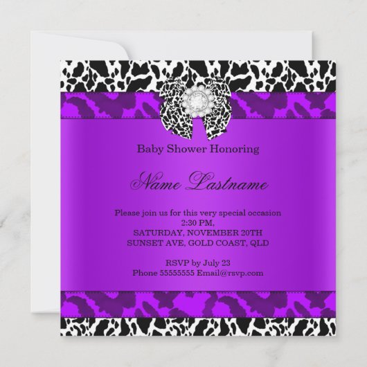 Invitation Léopard Vache pourpre Fille Baby shower Brunette B (Dos)