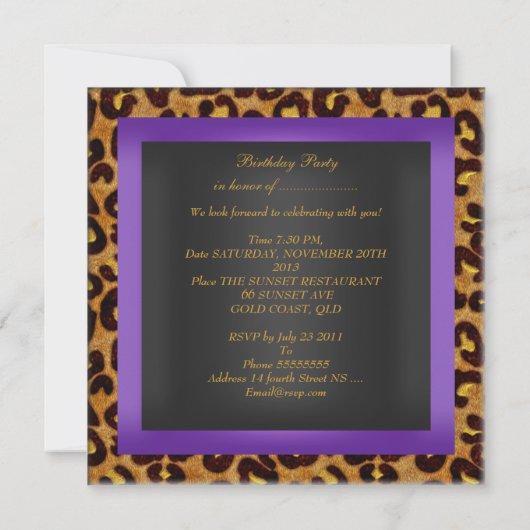 Invitation Leopard violet or noir Anniversaire Fabuleux 40 (Dos)