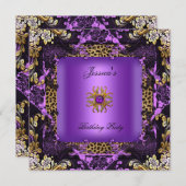Invitation Léopard violet or noir fête d'anniversaire Floral (Devant / Derrière)