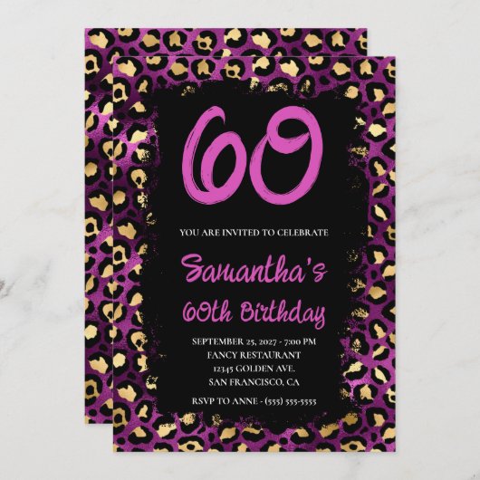 Invitation Leopard violet or peint noir 60e anniversaire (Devant / Derrière)