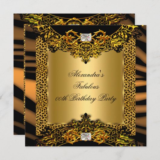 Invitation Leopard Zebra Gold Black Lace Diamond Anniversaire (Devant / Derrière)