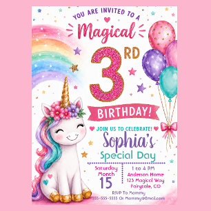 Invitation Les 3 ans de la fille licorne magique